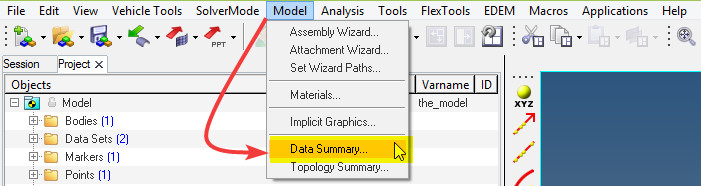 Altair MotionSolve data summary paneli