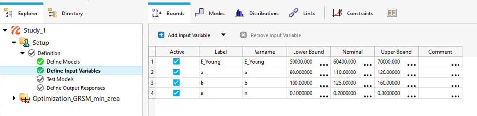 Altair HYperStudy tasarımdeğişkenleri ve limitleri