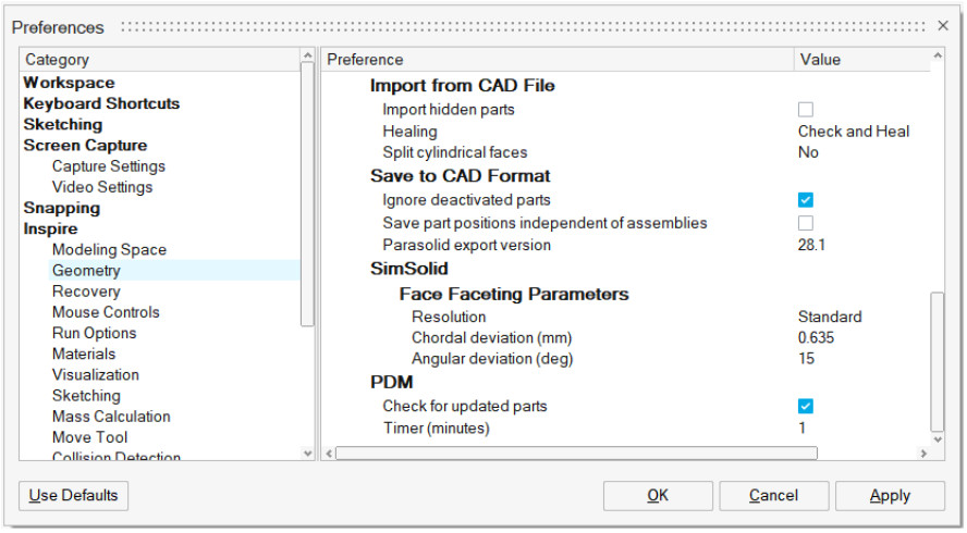 Altair Inspire PDM ayarlar penceresi