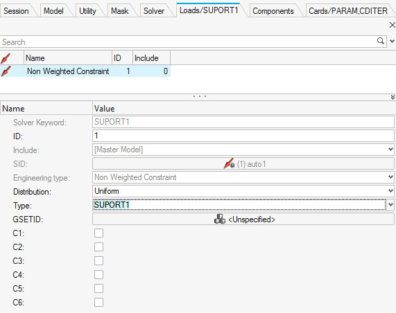Altair OptiStruct , SUPORT1 kart tanımlama penceresi