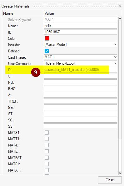 Malzeme kartı parametre görünümü