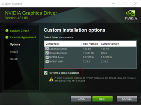 Nvidia sürücüsü temiz kurulum ekranı