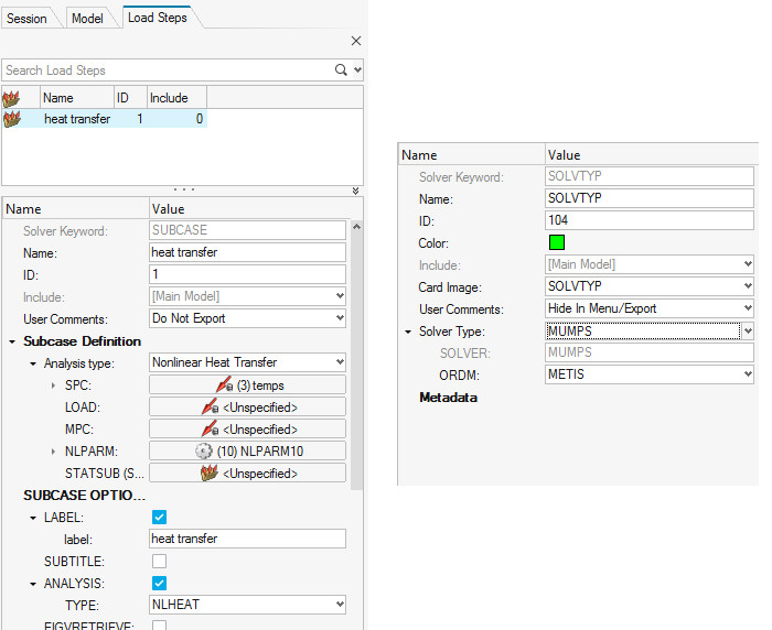 Altair OptiStruct karalı & geçici durum nonlinear termal analiz MUMPS çözücü ayarları
